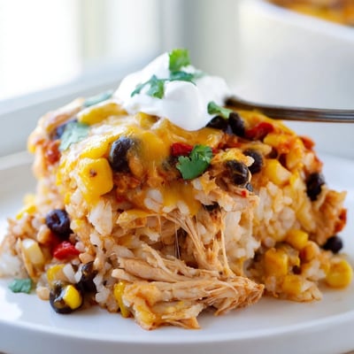 Creamy chicken burrito casserole topped with melted cheddar and fresh cilantro garnish