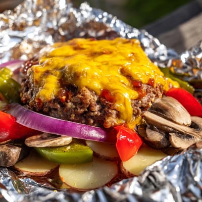 Juicy cheeseburger hobo packets nestled in foil with crispy potatoes and colorful peppers
