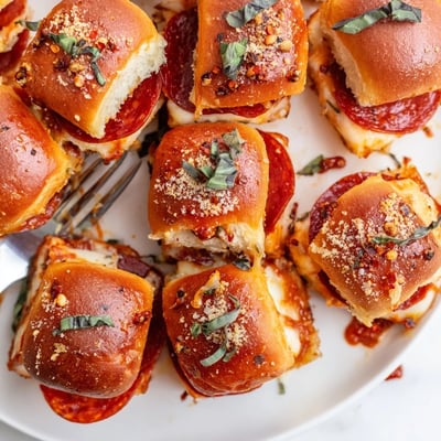 Warm slider buns loaded with spicy pepperoni and sweet honey glaze baked crispy