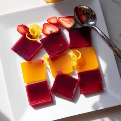 Colorful homemade collagen fruit jellies arranged on a chilled serving plate