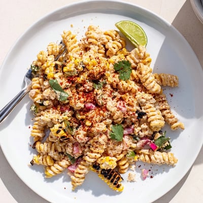 Charred golden corn and tender rotini tossed in a zesty chili-lime dressing in this Elote Street Corn Pasta Salad