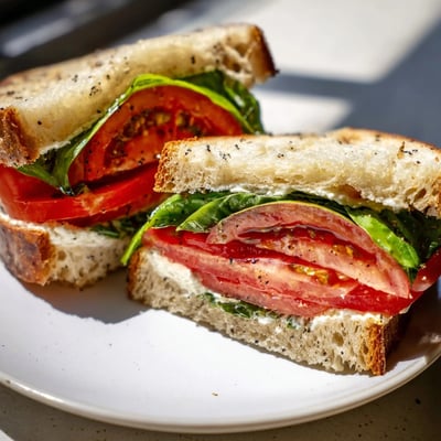 Creamy mayonnaise spreads across a classic tomato sandwich on rustic golden bread